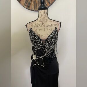 Rhinestone sparkly flower black prom dress, formal dress, pageant evening gown